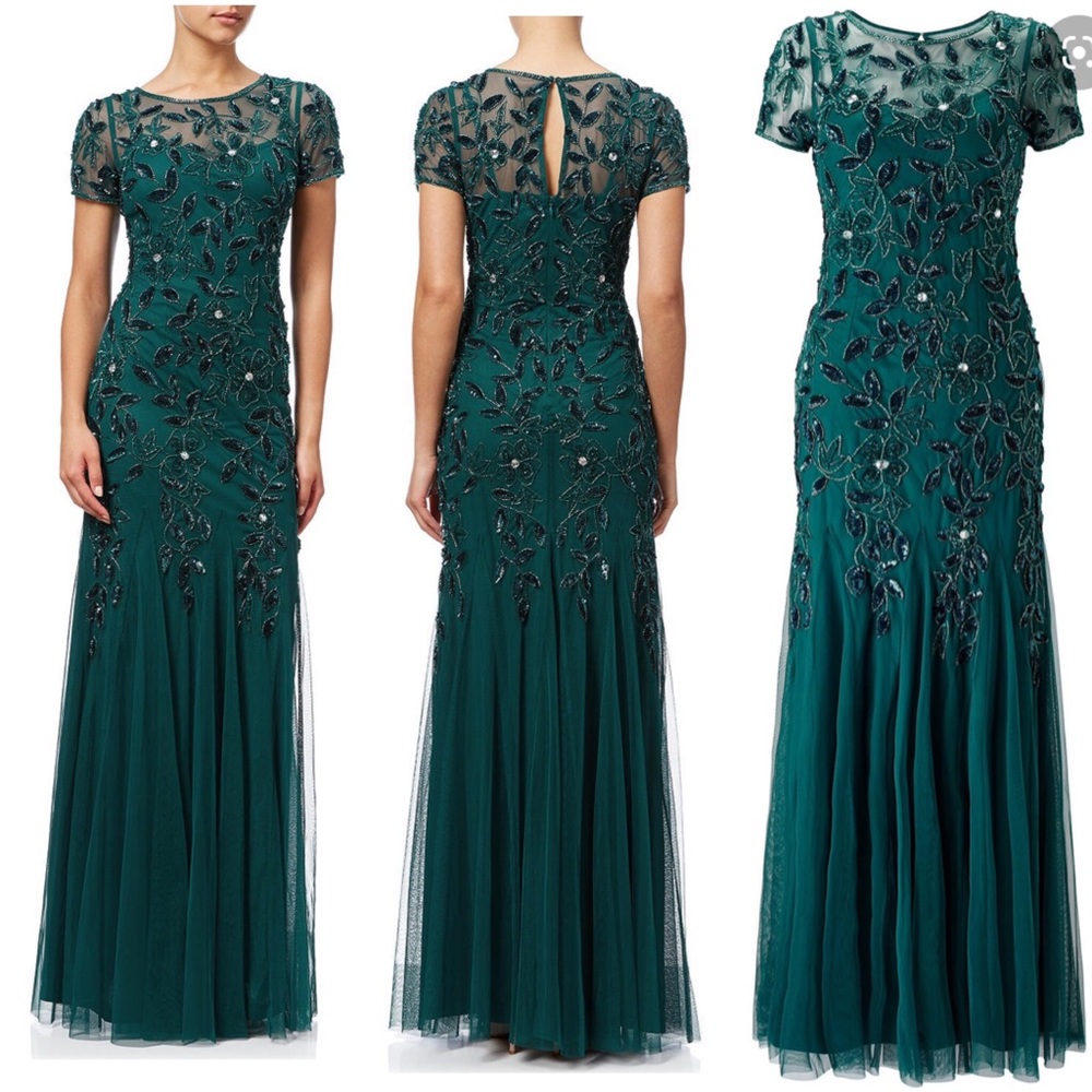 Adrianna Papell beaded Floral short sleeves Godet long dress